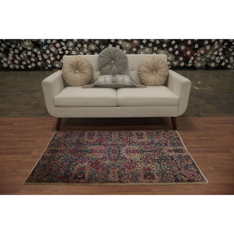 Hand Knotted Oriental 100% Wool Carpet Traditional All-Over Beige & Ivories Kerman Area Rug - 4' 9'' X 3' 0''