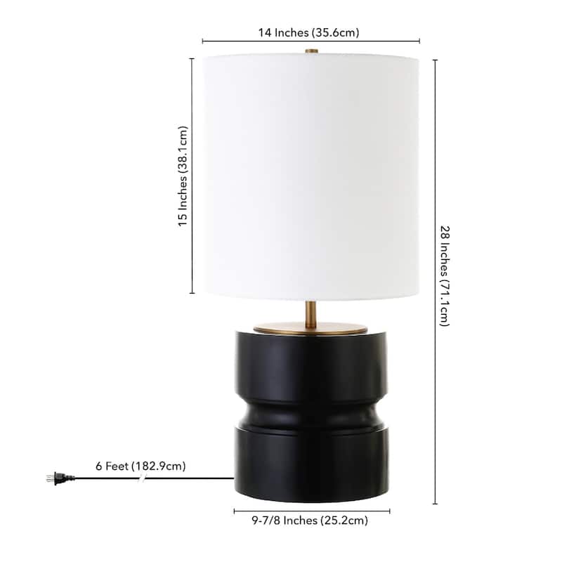 27" Beige and Gold Metal Geometric Table Lamp With White Drum Shade - 14" x 14" x 28"