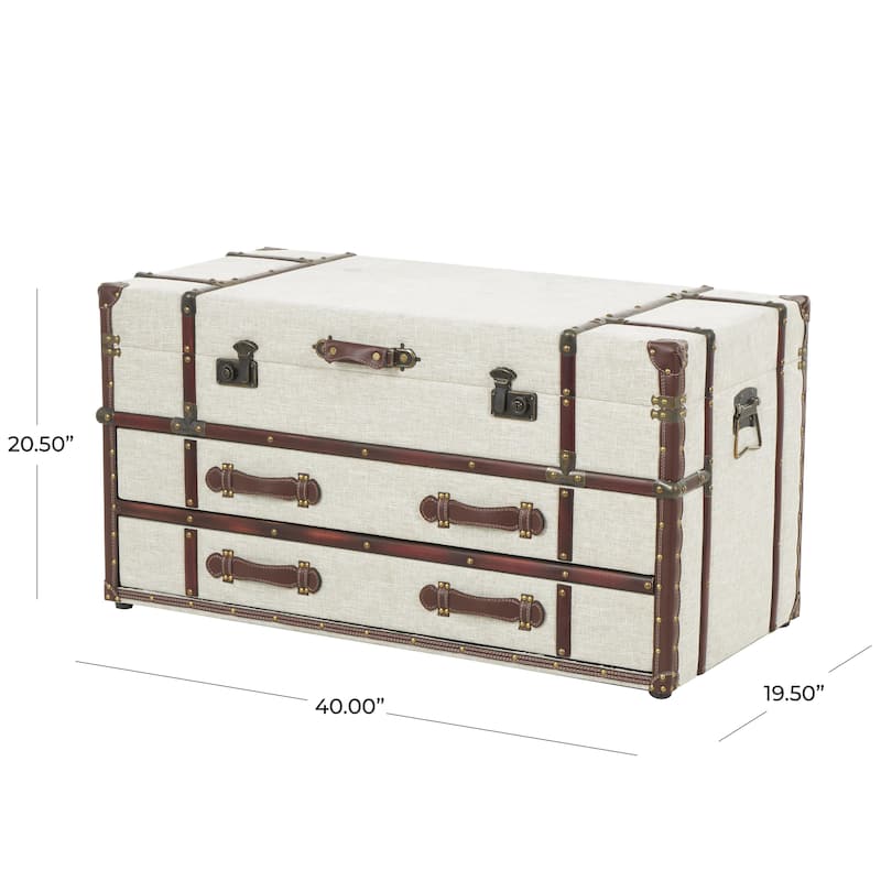 Wooden Vintage Style Storage 2 Drawer Coffee Table with Studs and Brown Faux Leather Accents - Cream - Roche River Decor