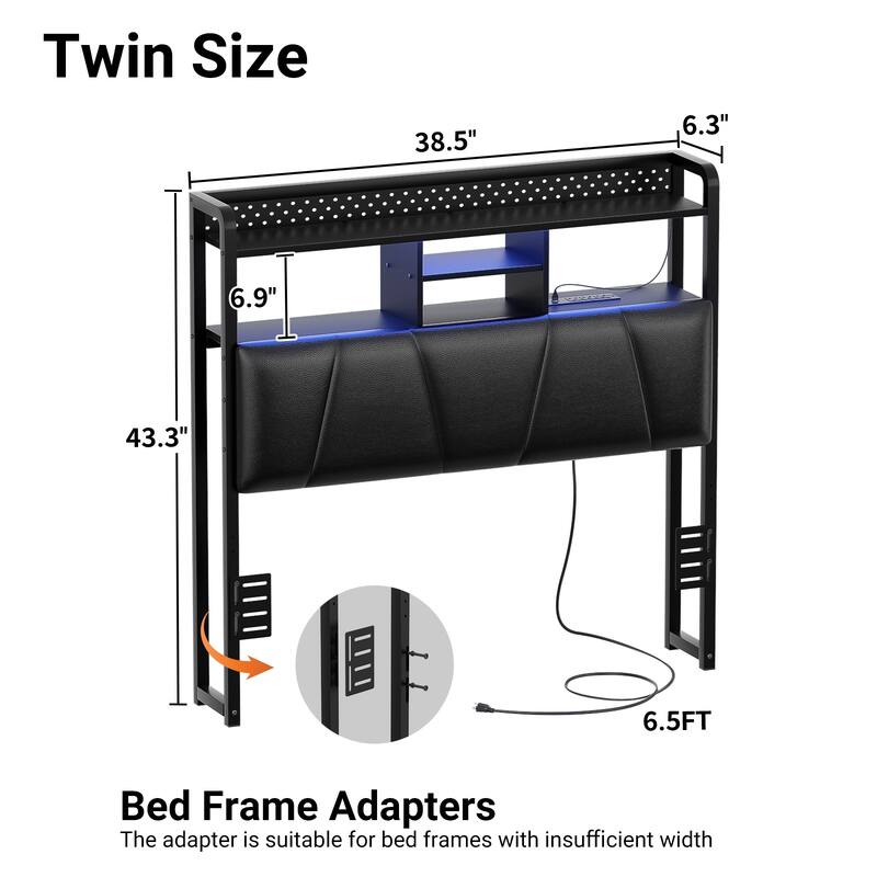 Upholstered Headboard with Pegboard and Charging Station, Storage Headboard Shelves and LED Light