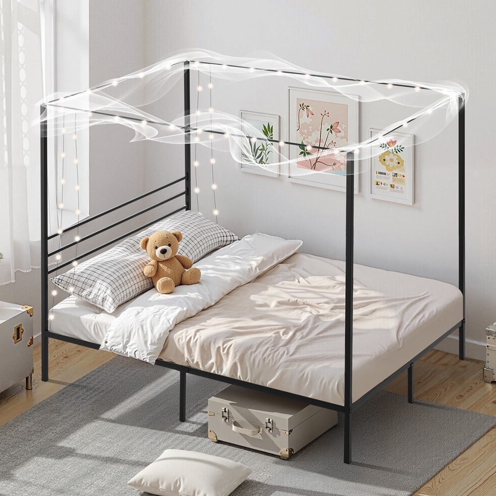 Metal Canopy Bed Frame Decorative Posts Square Tube Queen Black