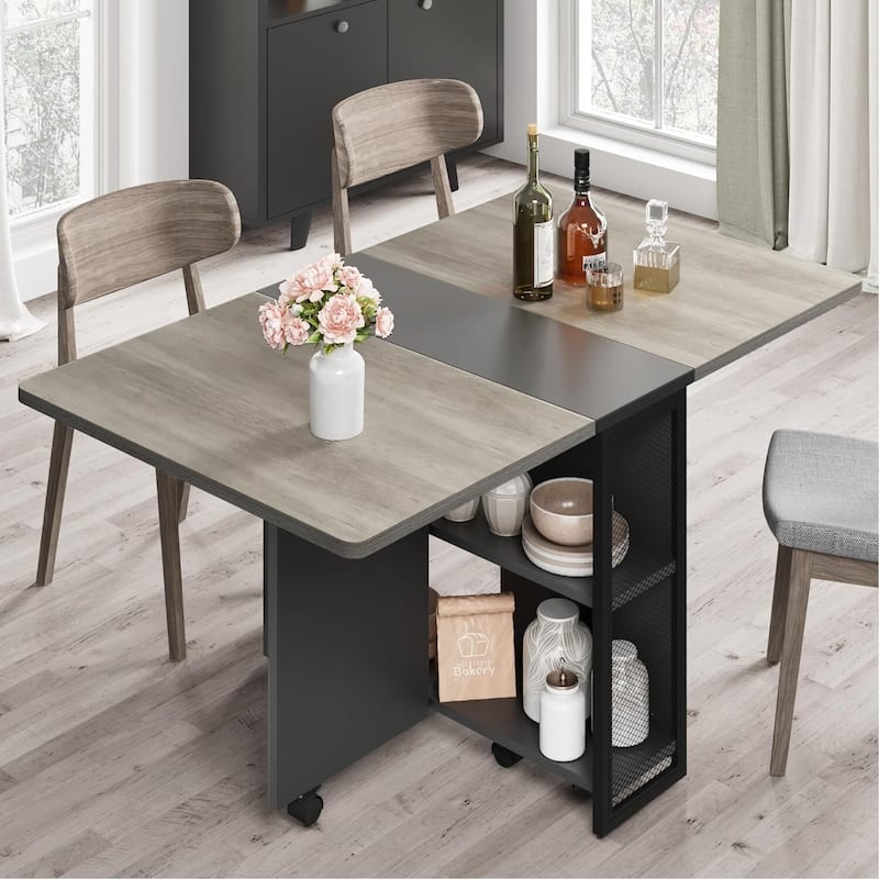 Folding Dining Table, Space Saving Farmhouse Dining Table for 4 Storage Shelf, 6 Wheels Multipose Expandable Kitchen