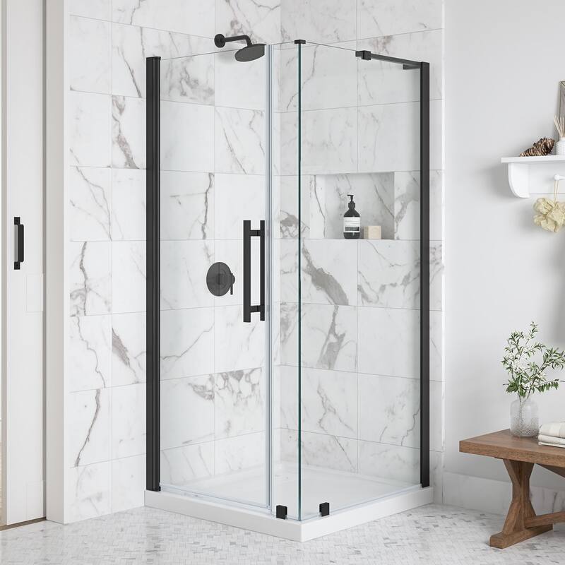 OVE Breeze Pivot Corner Frameless Pivot Shower Door Kit with Base Pan - 36" - Matte Black