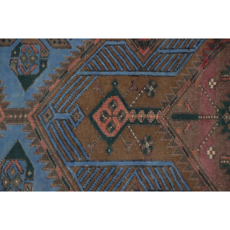 Hand Knotted Oriental 100% Wool Carpet Traditional Geometric Navy Blue & Blues Hamedan Runner Rug - 10' 6'' X 3' 3''