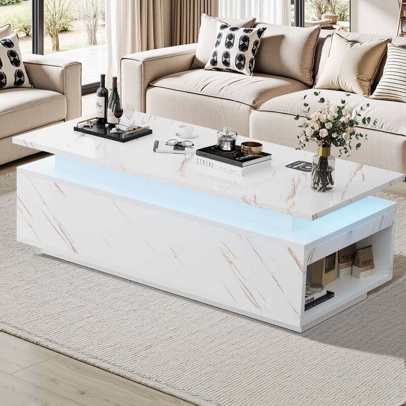 Pocassy 47.2 Inches Living Room Tables Modern LED Coffee Table - White