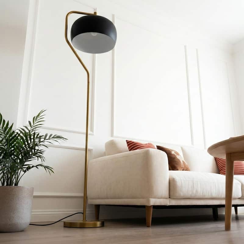 Tute Modern Floor Lamp with Curved Gold Base and Black Drum Shade