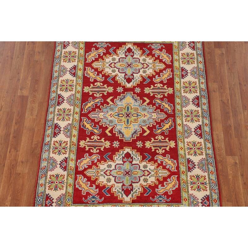 Traditional Kazak Oriental Area Rug Hand-Knotted Red Wool Carpet - 4'2" x 6'5"