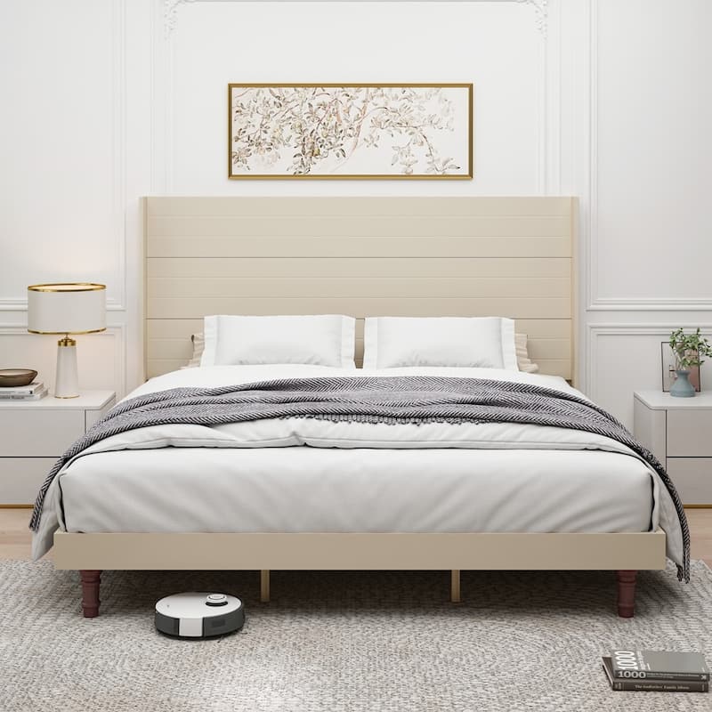 Upholstered 54 "High Headboard Platform Bed Comfort Bed Frame - King - Beige