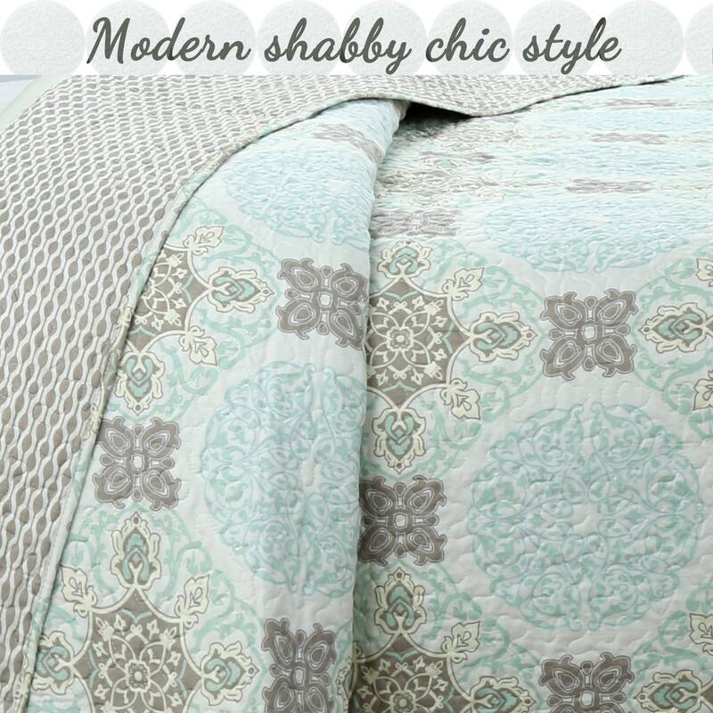 Cozy Line Light Green Aqua Damask Reversible Bedding Quilt Set