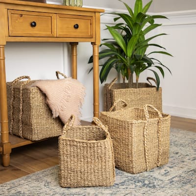 Rustic Square Wicker Table and Floor Baskets - Set of 4