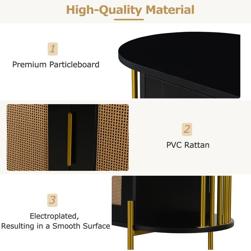 Curved Dining Sideboard with Gold Trim and Woven Rattan Doors for Stylish Dining Room Storage