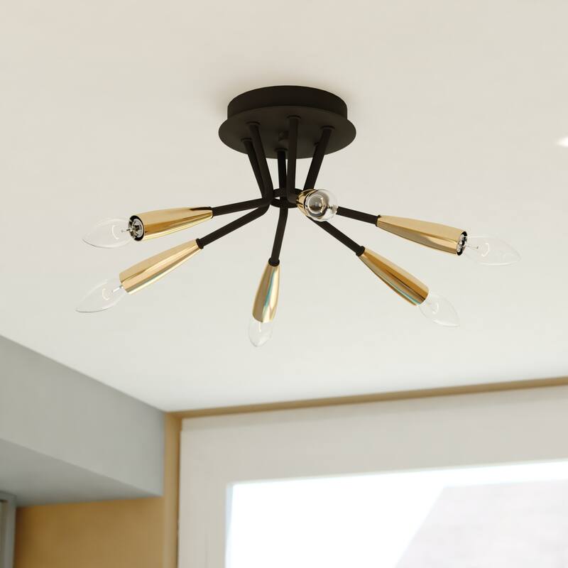 Ellis 16.25-in W Black and Brass Mid-Century Modern Semi Flush Mount Ceiling Light - 16.25-in W x 8-in H x 16.25-in D - Matte Black and Satin Brass - 16.25-in W x 8-in H x 16.25-in D