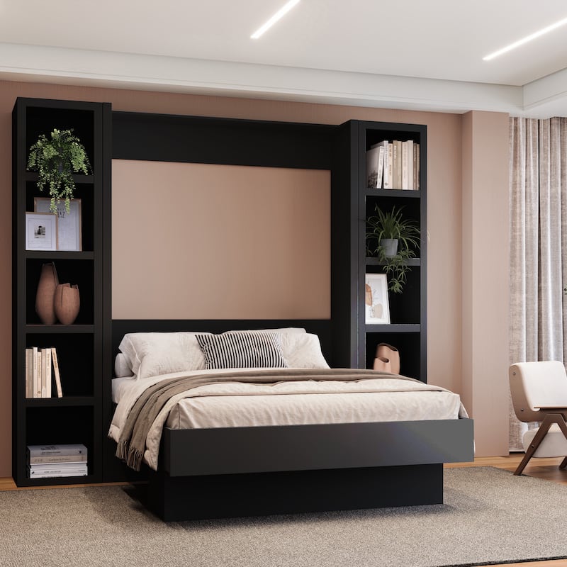 Easy-Lift Full Murphy Wall Bed with Two Bookshelves - Black