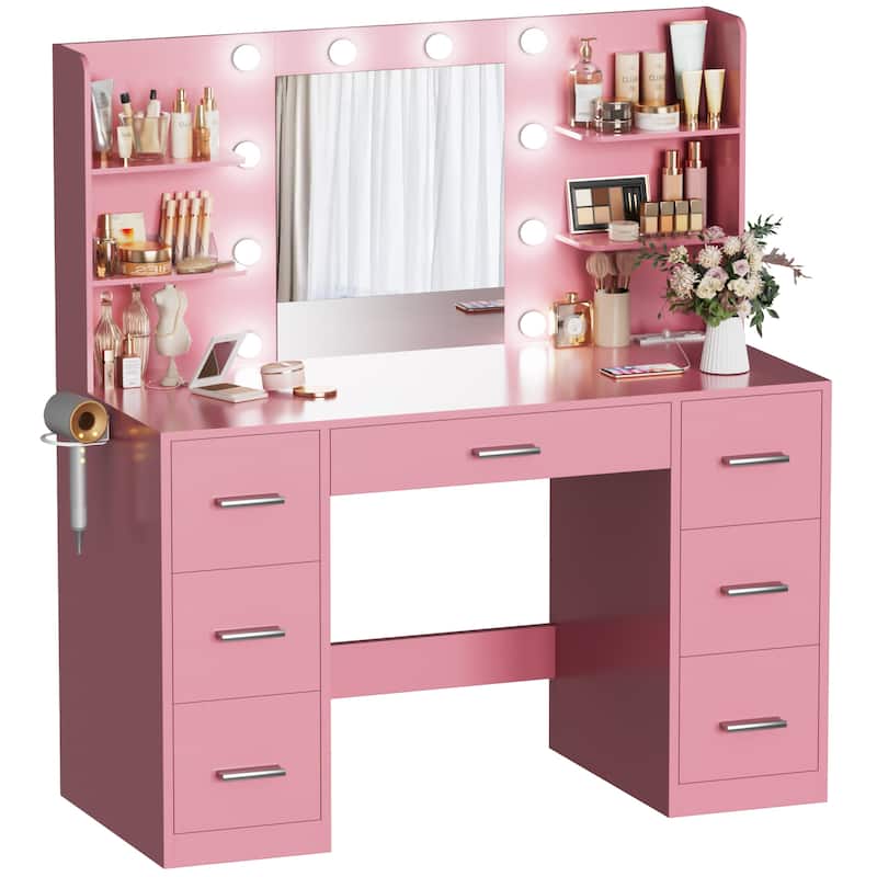 Furniwell Makeup Vanity with Mirror and Drawers Vanity Desk Set with 3 Modes Adjustable Brightness Lights and USB Power Outlet
