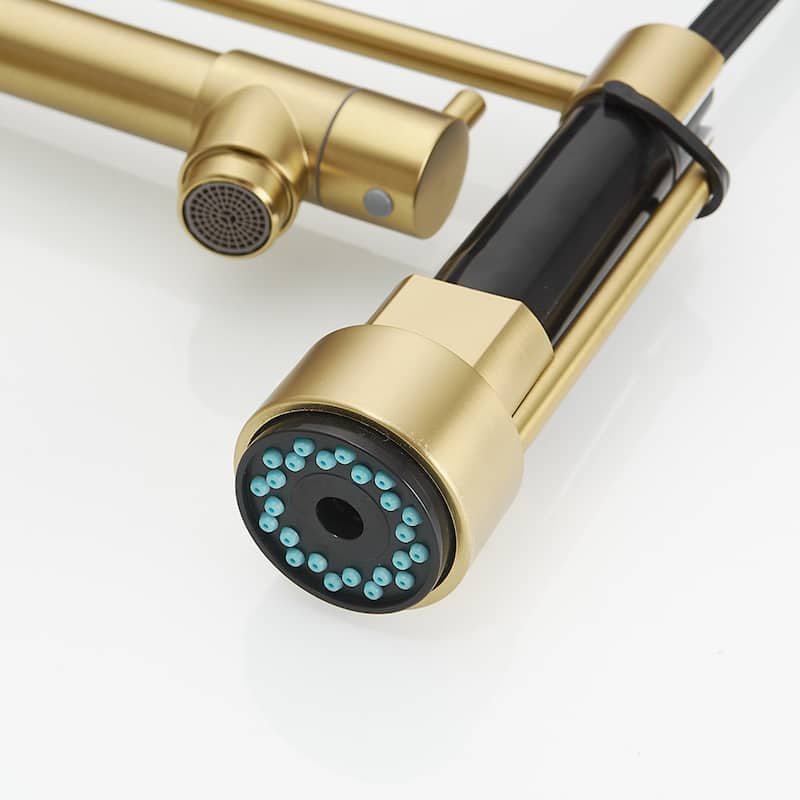 Single Handle Double Spouts Brushed Gold Pull Down Kitchen Faucet