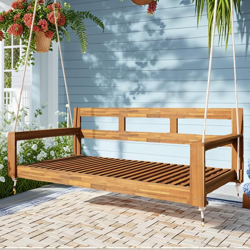 Rustic Elegance Acacia Wood Swing Bed, Farmhouse Daybed with 4 Stylish Colors & 350lb Capacity
