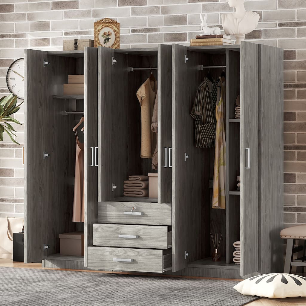 6 Door Armoire Wardrobe Closet, Floor Standing Freestanding Wardrobe Closet with 3 Big Drawers, Clothes Rail for Bedroom