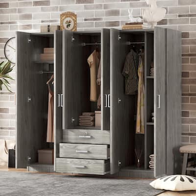 6-Doors Wardrobe Armoire with 3 Drawer, Shelves and Hanging Rail, Gray