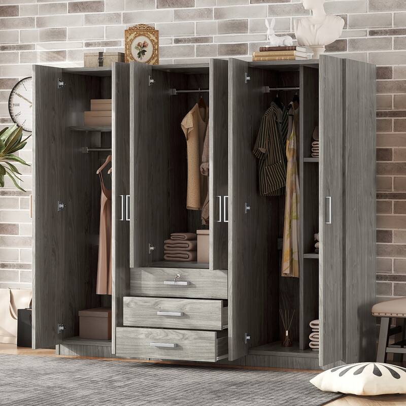 6 Doors Wardrobe Closet, Large Armoire Wardrobe with 3 Drawers and Shelves, Freestanding Closet Wardrobe Cabinet w/ Hanging Rod - Grey