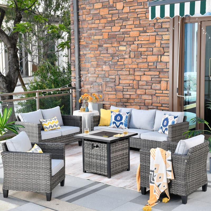 OVIOS 5-piece Patio Loveseat Wicker Set with 30" Fire Pit