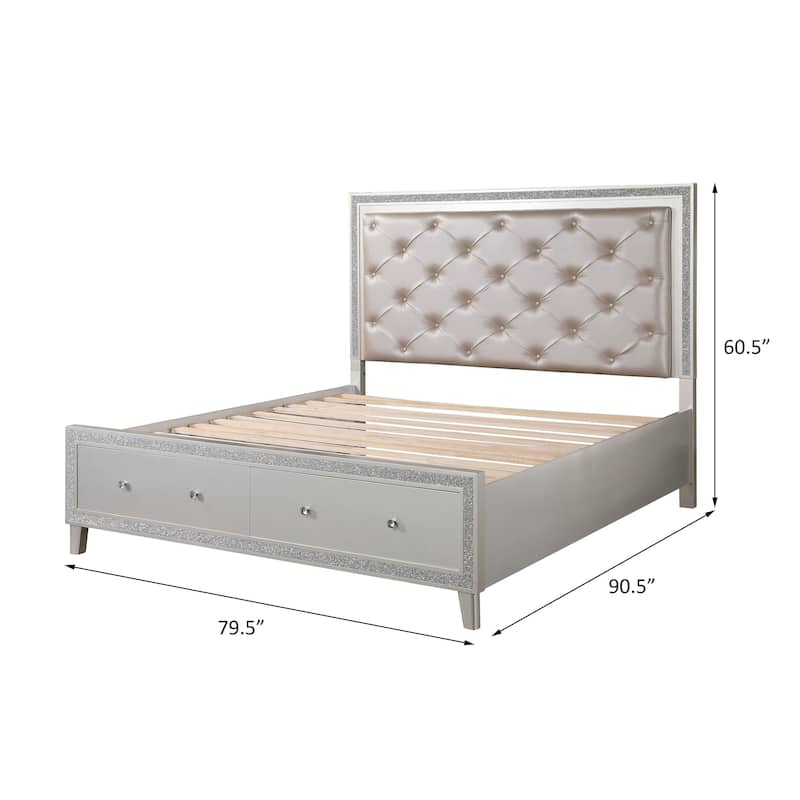 Glendena Beige and Champagne Tufted Bed with 2-Drawer