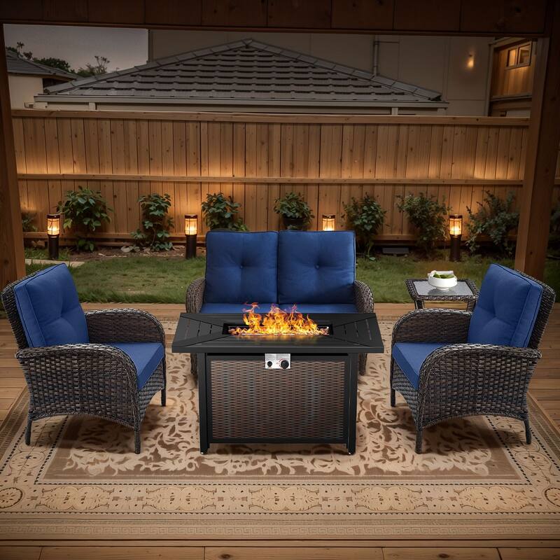 Gymojoy Outdoor Fire Pit Conversation Set, Loveseat Glider Sofa & Chairs - Patio Furniture Set - 5-Piece included Club Chairs - Blue