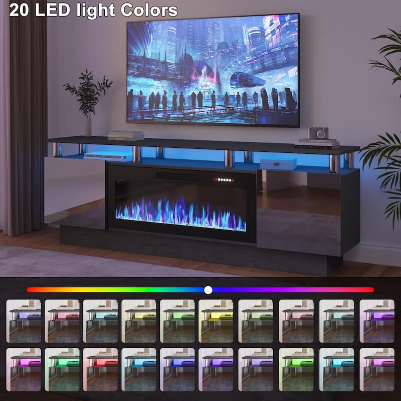 BOSSIN 70" Modern Electric Fireplace TV Stand, with Electronic Flame and LED Lights, High Gloss Finish Entertainment Center