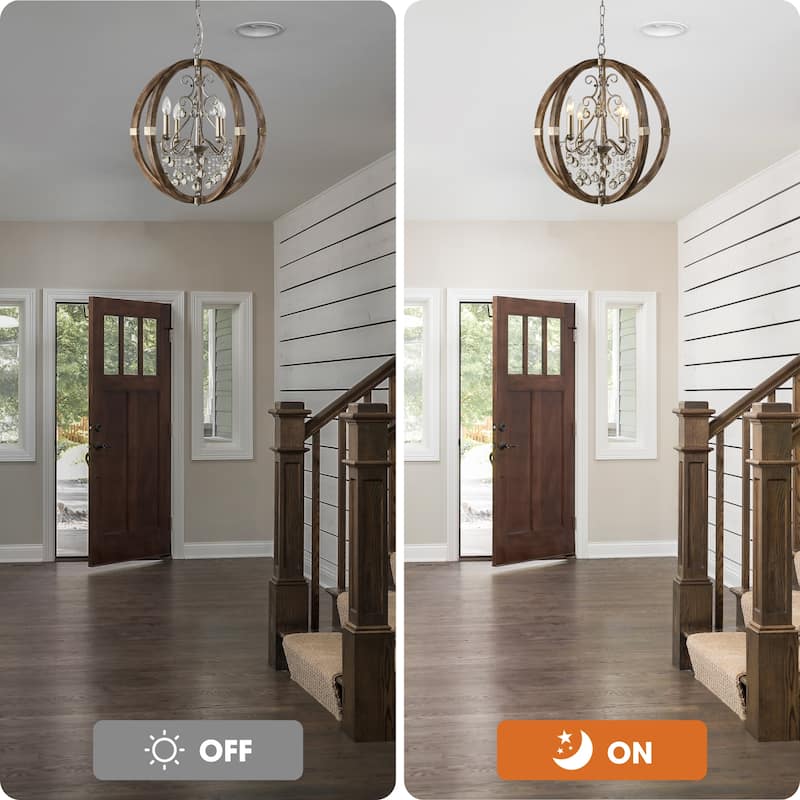 Farmhouse Brown 4-Light Weathered Wooden Frame Globe Crystal Chandelier - 21.7" W x 24.7" H