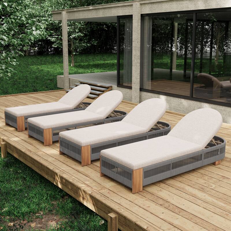 Roomfitters Outdoor Acacia Wood Chaise Lounge with Adjustable Backrest and Braided Rope Weave, Teak Finish