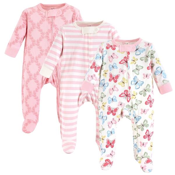 slide 1 of 1, Touched by Nature Baby Girl Organic Cotton Zipper Sleep and Play 3pk, Butterflies 0-3 Months - Butterflies