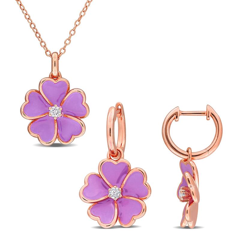 Miadora 1/4ct TGW White Topaz Purple Enamel Flower Necklace Earrings in Rose Plated Sterling Silver