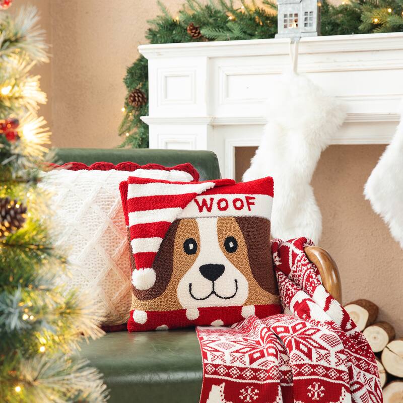 Glitzhome Hooked 3D Woof Dog Christmas Throw Pillow for Home Office Sofa Couch Bed