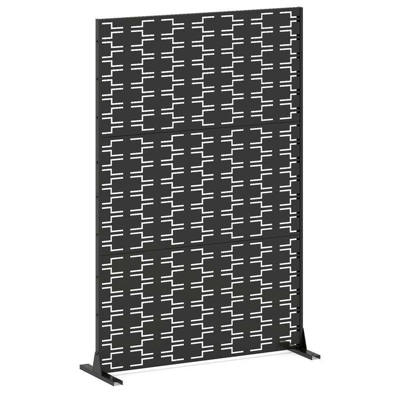 Black Metal Privacy Screen Panel with Freestanding Base and Decorative Design - 48" x 16" x 72" (L x W x H) - Black