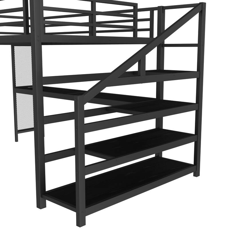 Queen Loft Bed with Desk and Storage Stairs, Metal Loft Beds with LED Lights, USB Ports, Multifunctional Iron Nets,Black
