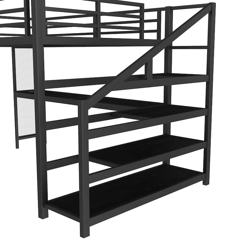 Stairs Loft Bed Queen Size Bed Frame with Built-in Desk, Side Net Board, LED Lights, USB Ports and Storage Shelves
