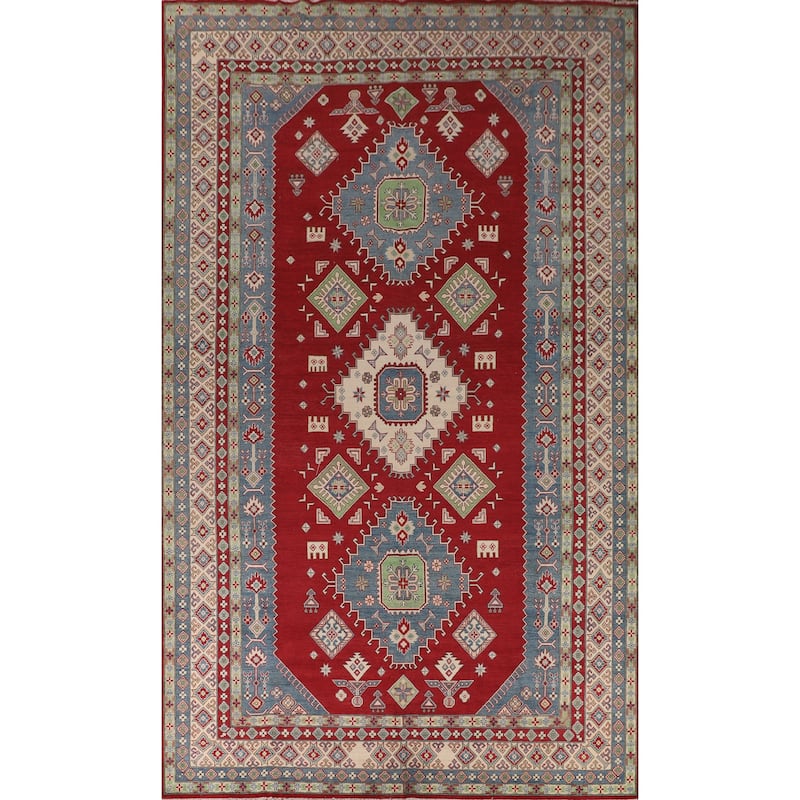 Red Geometric Kazak Oriental Large Area Rug Handmade Wool Carpet - 9'9" x 15'11"