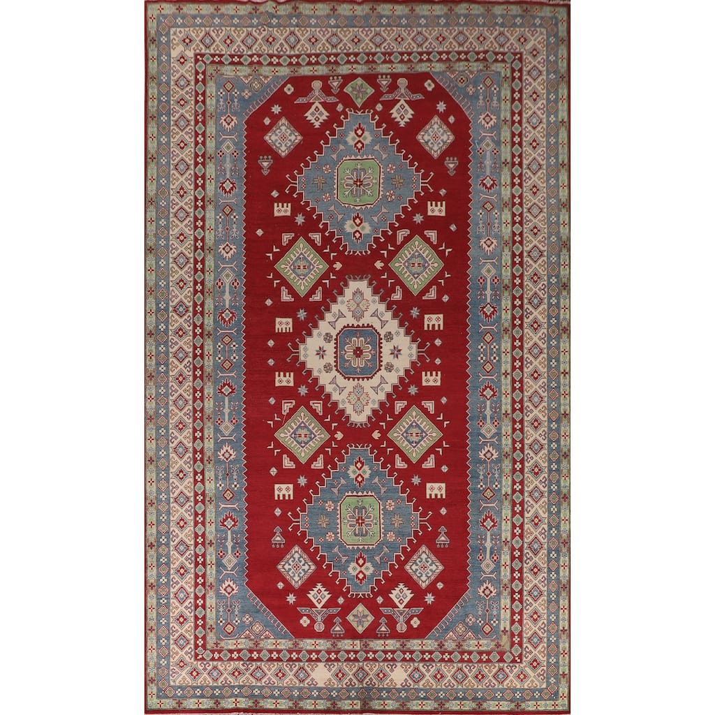 Red Geometric Kazak Oriental Large Area Rug Handmade Wool Carpet - 9'9" x 15'11"