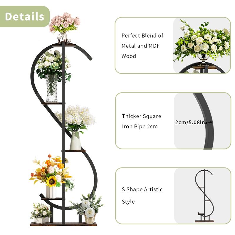 S-shaped Iron Plant Stand Indoor 5-Tier Green Plants Bonsai Holder - 60" Height