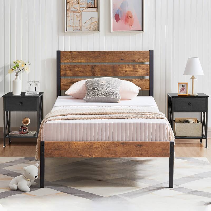 Javlergo Modern 3-Pieces Bedroom Set with Platform Bed Frame and Nightstands - Black Nightstands - Twin