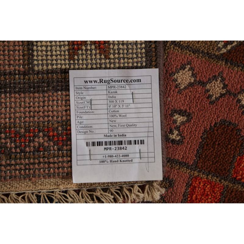 Tribal Kazak Indian Runner Rug Hand-Knotted Wool Carpet - 3'11"x 9'10"