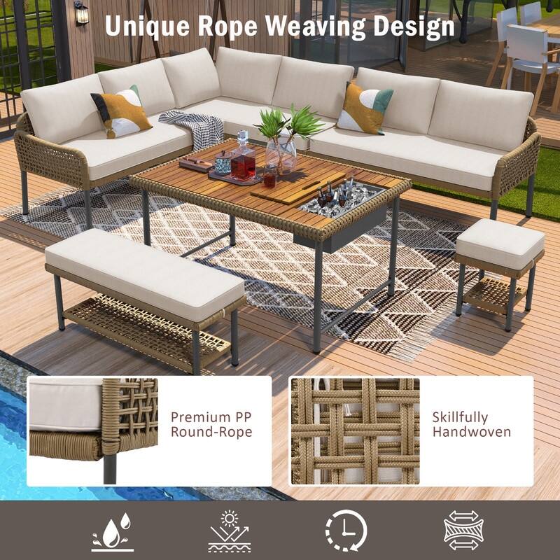 6 Piece Outdoor Sectional Sofa Set with Acacia Wood Table with Ice Box