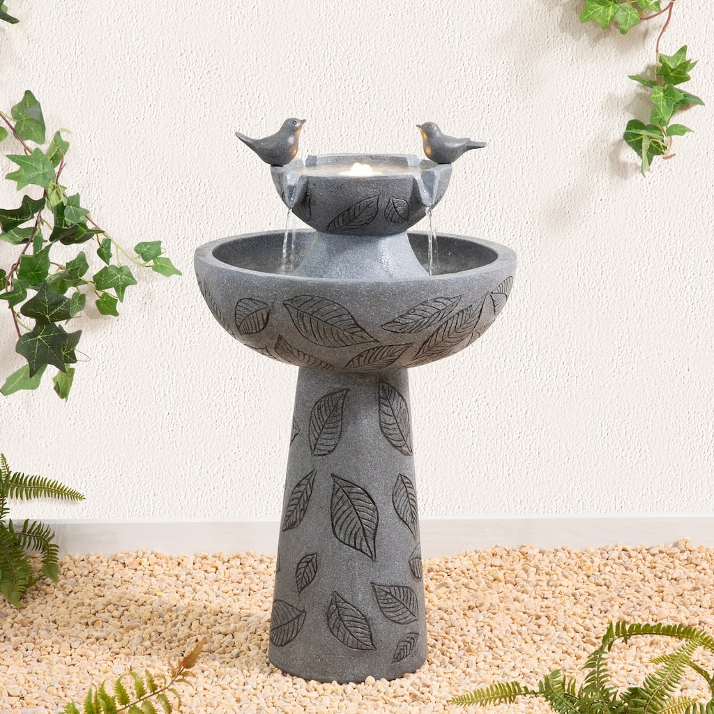 Glitzhome 26"H 2-Tiered Birdbath Polyresin Outdoor Fountain with Birds, Pump and LED Light