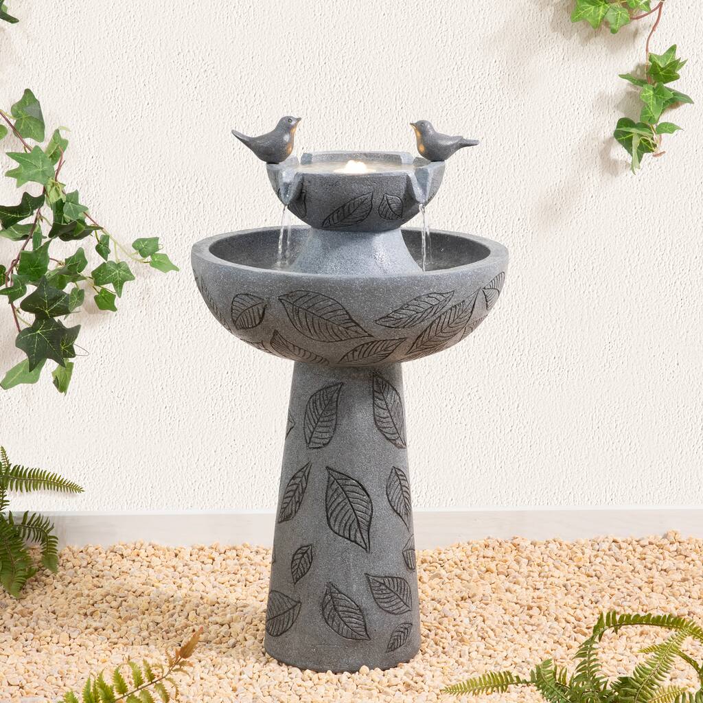 Glitzhome Single or 2-Tier Birdbath Polyresin Outdoor Floor Fountain with Birds, Pump and LED Light