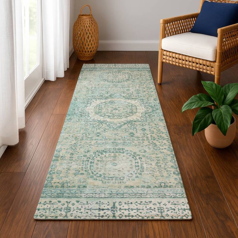Premium Washable Super Soft Vintage Traditional Mayfield Rug - Turquoise - 2'3" x 7'6"