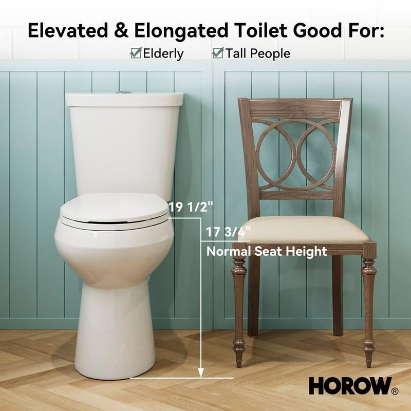 HOROW 19 Inch ADA Tall 2 Piece Dual Flush Elongated Toilet White 1.1/1.6 GPF Strong Flush Soft Close Seat - 19 Inch