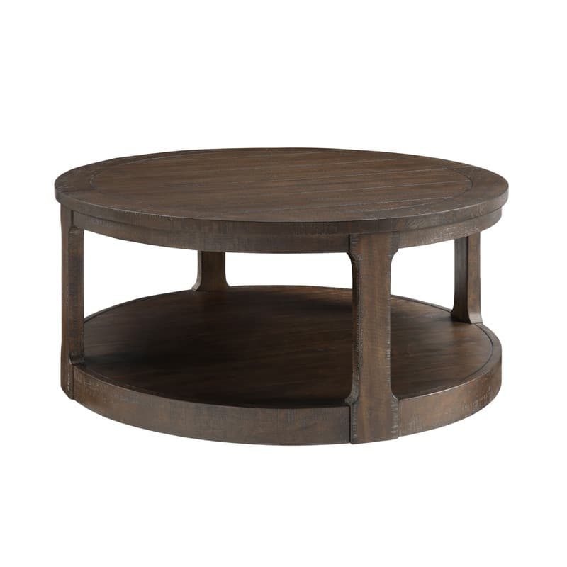 40" Large Curved Two-Tier Traditional Round Wooden Coffee Table with Wheels, Mid-Century Rustic Style