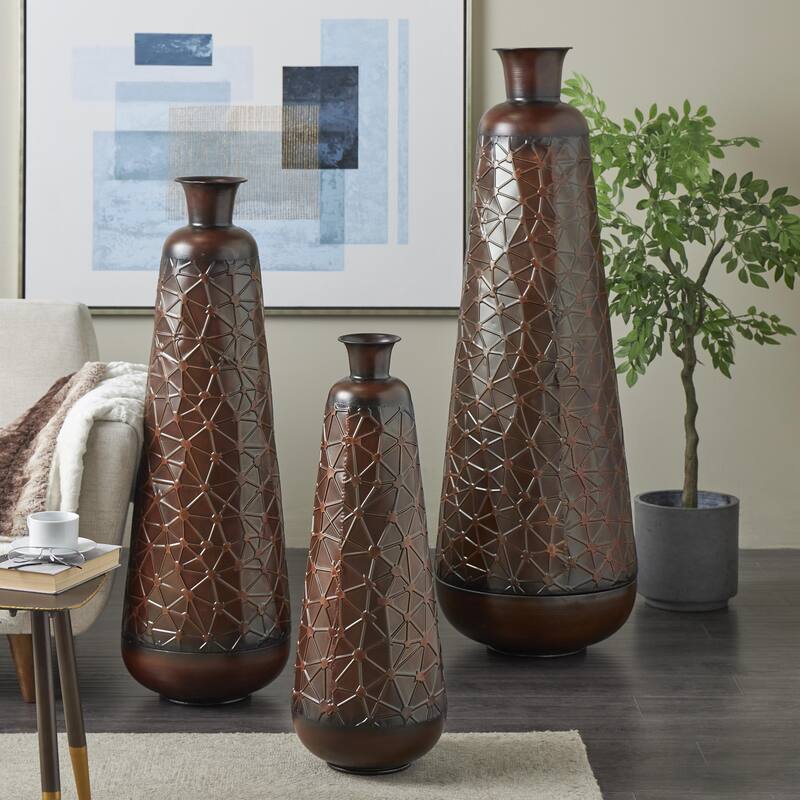 Metal Tall Decorative Vase with Geometric Designs - Set of 3 Dark Brown - Roche River Decor