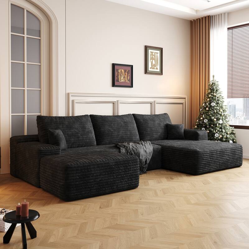 Sofa 107-in Casual Black 3 -seater Right Reclining Sectional with 1 Ottoman - 8' x 10'