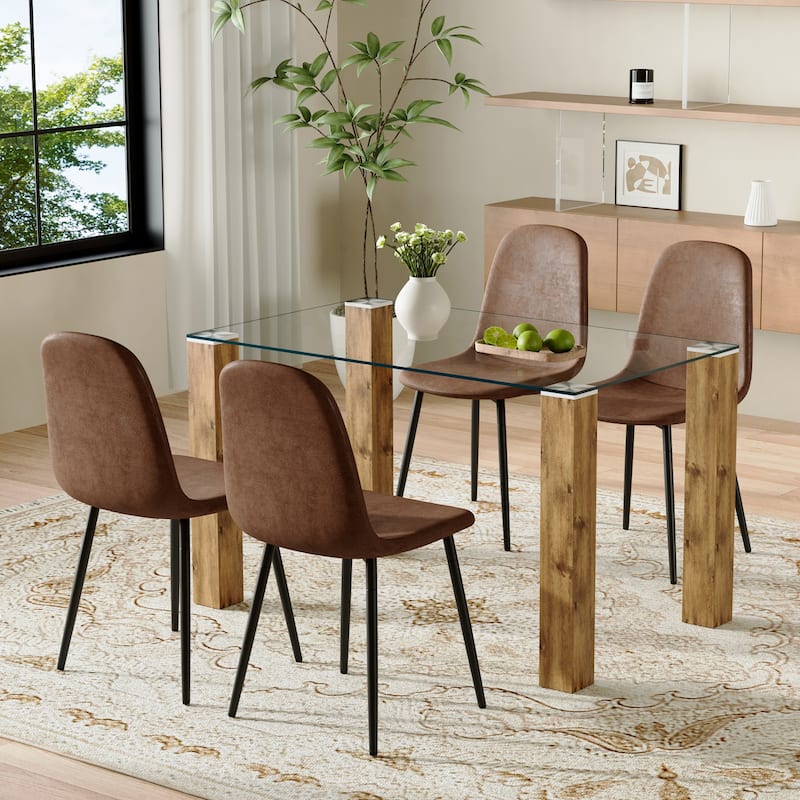 Glass Dining Table Set for 4, 5-Piece Rectangular Glass Kitchen Table Set with 4 Upholstered Dining Chairs for Small Spaces