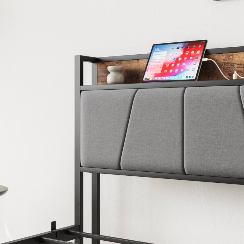 Twin Size Bed Frame, Storage Headboard with Charging Station, Solid and Stable, Black